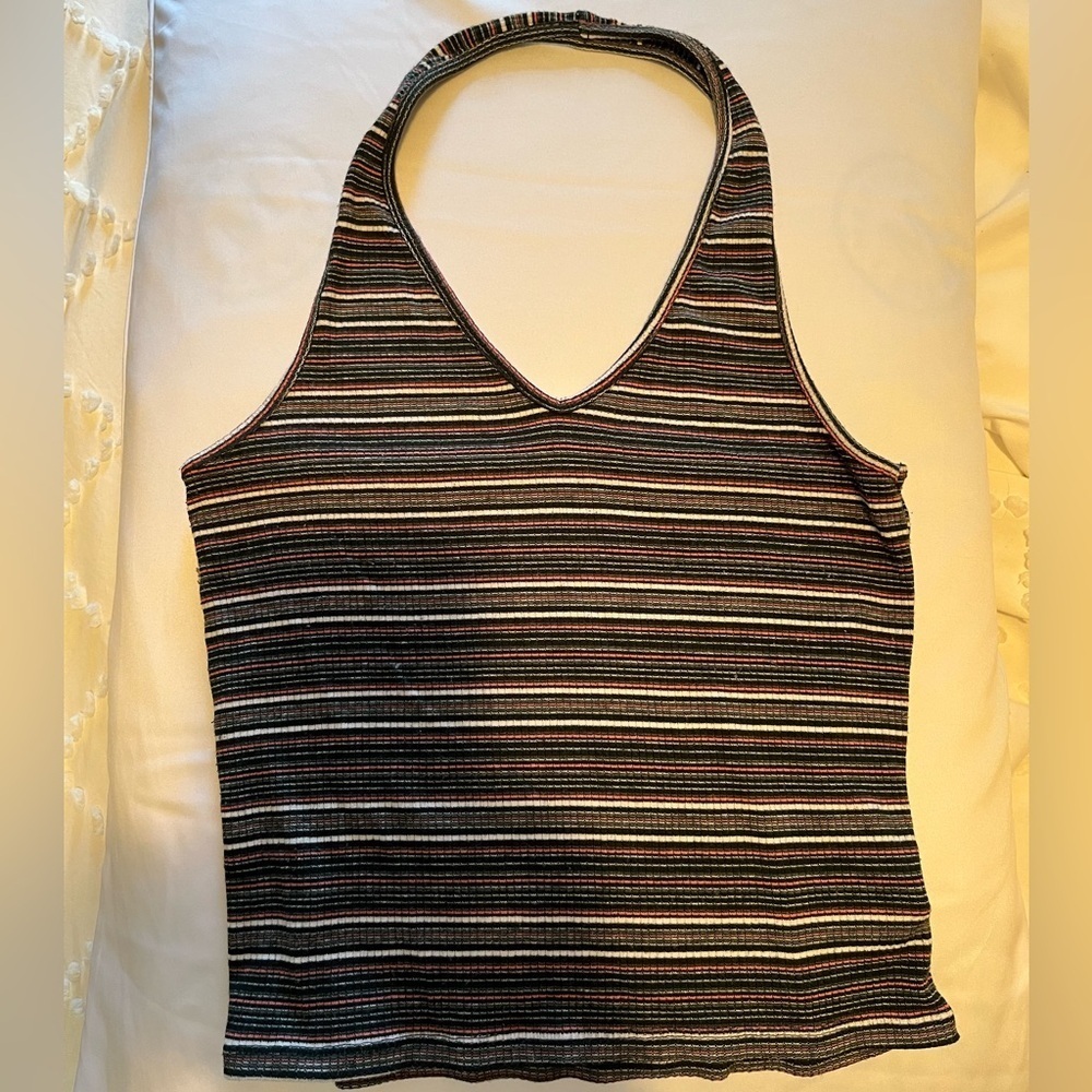 American Eagle Striped Ribbed Cropped Halter Top